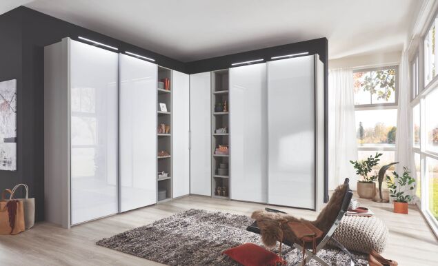 MONACO 3000 8566 19 Kgrau D. Abs.Gl.weiss 2xSWT 150cm Regal 90G Ecke 2T m.Bel