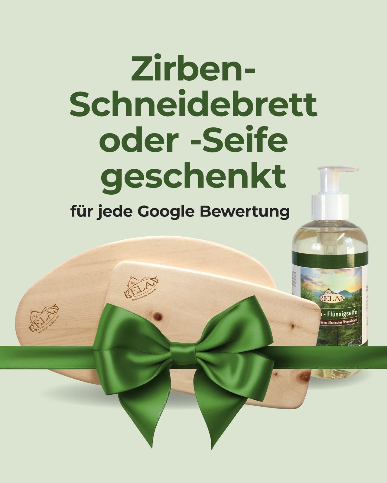 Zirben-Schneidebrett oder -Seife für Ihre Google-Bewertung